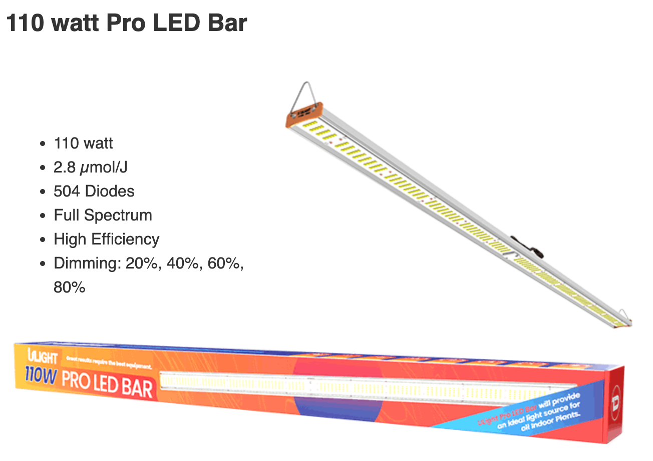 ULIGHT 110w Pro Supplemental LED Bar | 2.8 µmol/J - 504 Diodes and Dimmable